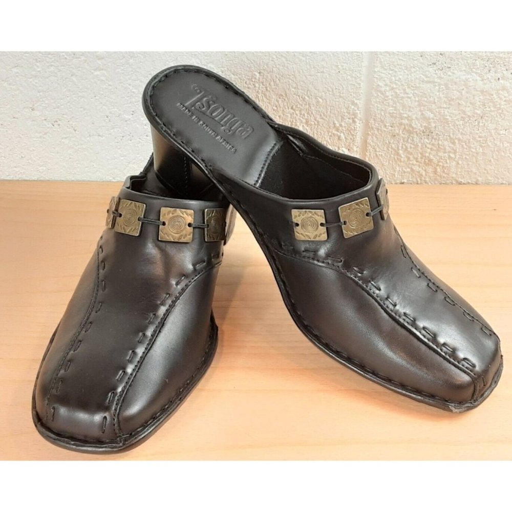 NWOB Tsonga Mules Clogs Slip On Open Back Heels Black Leather South Africa 9 US